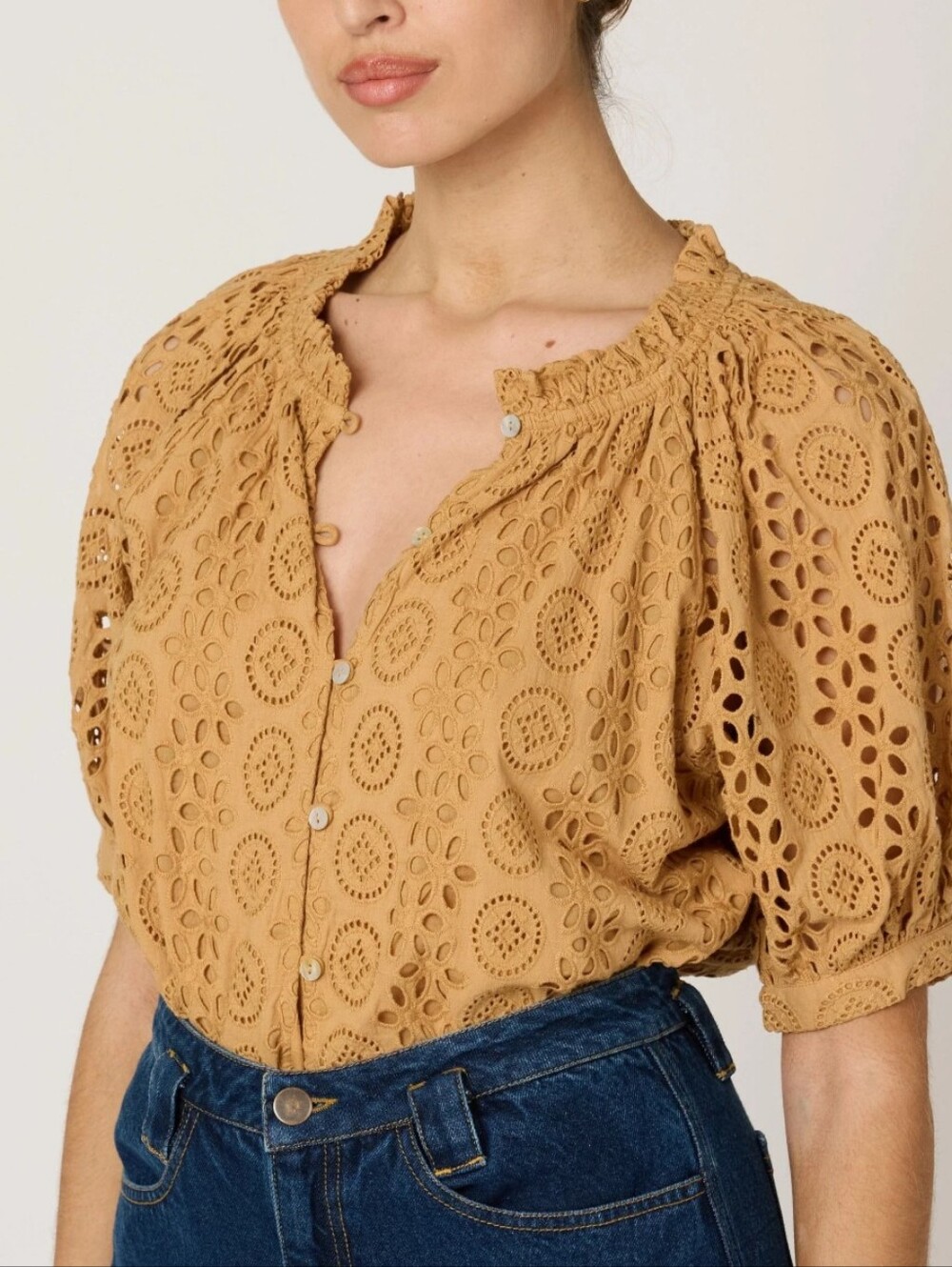 Cleobella Kate Blouse Small Wheat Eyelet Puff Sleeve Organic Cotton Revolve